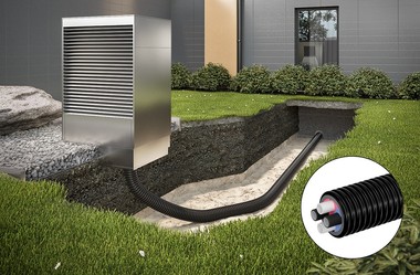 Als effiziente All-in-One-Lösung für die Wärmepumpenversorgung kombiniert Uponor Ecoflex Thermo Twin HP die Heizungsleitungen und Kabel-Leerrohre in einem Mediumrohr.