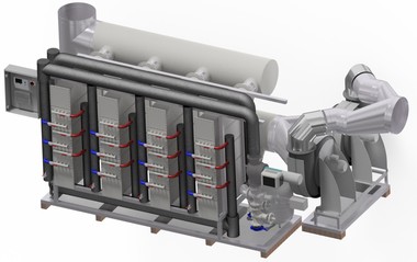Anschlussfertig installiert: eine Kaskade von vier Bomat Profitherm Brennwertwärmetauschern als Skid-System auf einem Montagerahmen.