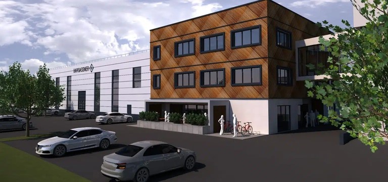 3D-Darstellung des Neubaus der Hargassner Industry Niederlassung in Regau
